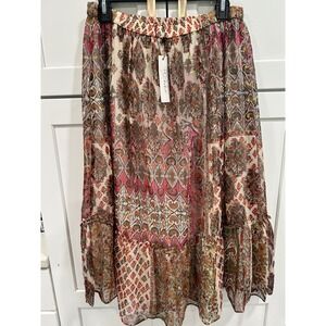 RD+Koko Womens Boho Patchwork Metallic Chiffon Tiered Midi Skirt Pink Multi L